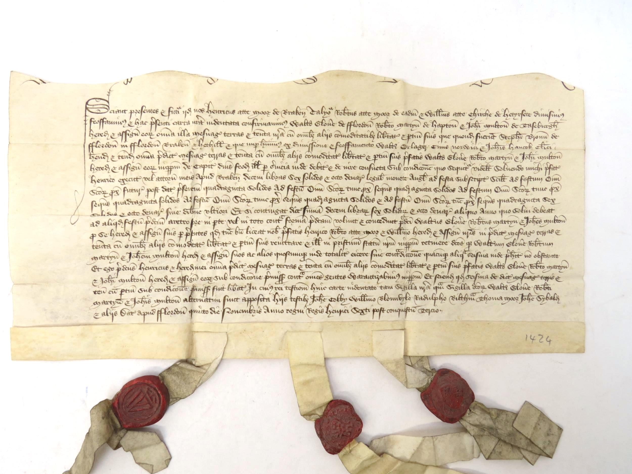 Feoffment (both halves of an indenture) for £10 6s 8d to be paid in instalments; 5 Nov 1424 Henry