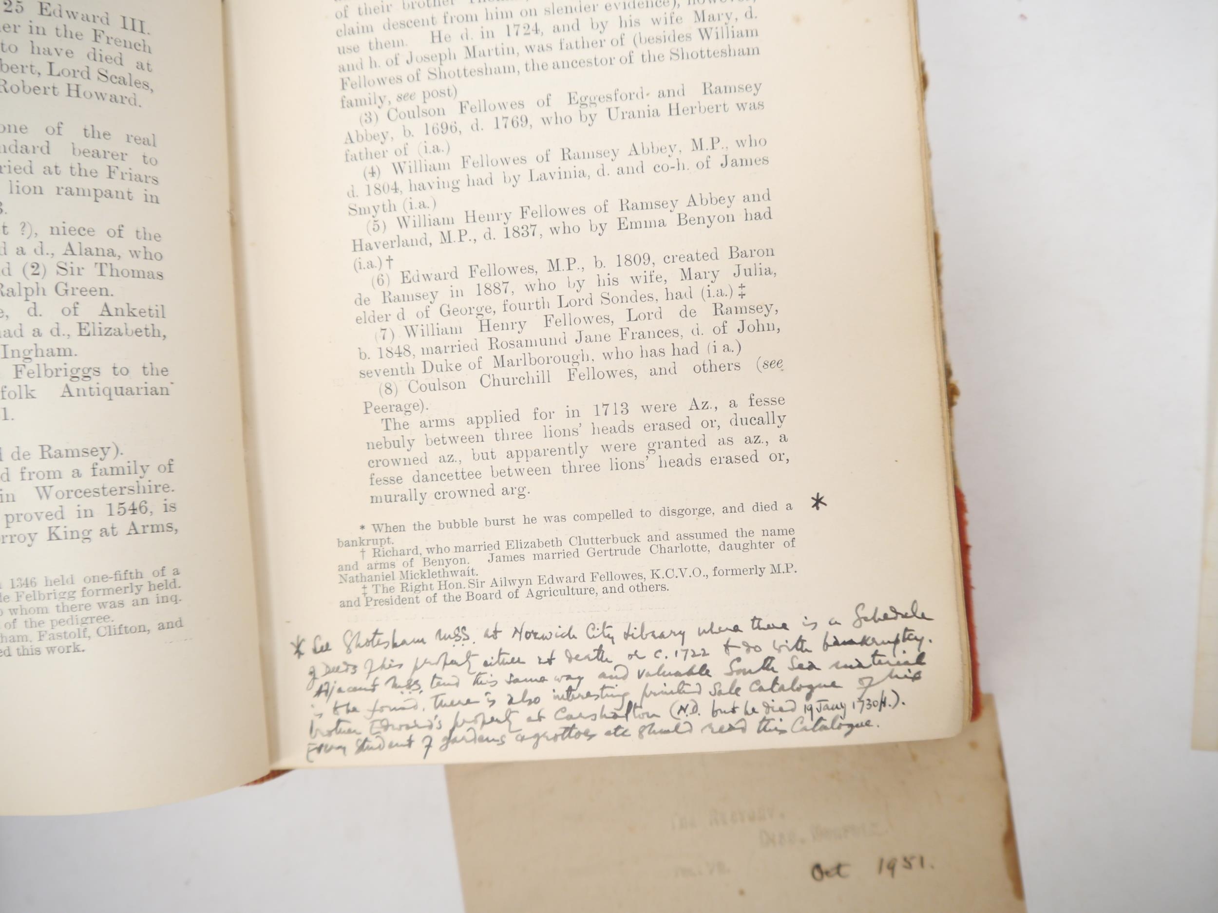 Walter Rye: 'Norfolk Families', Norwich, Goose & Son, 1913-15, 1st edition, 6 parts complete in two, - Image 7 of 13