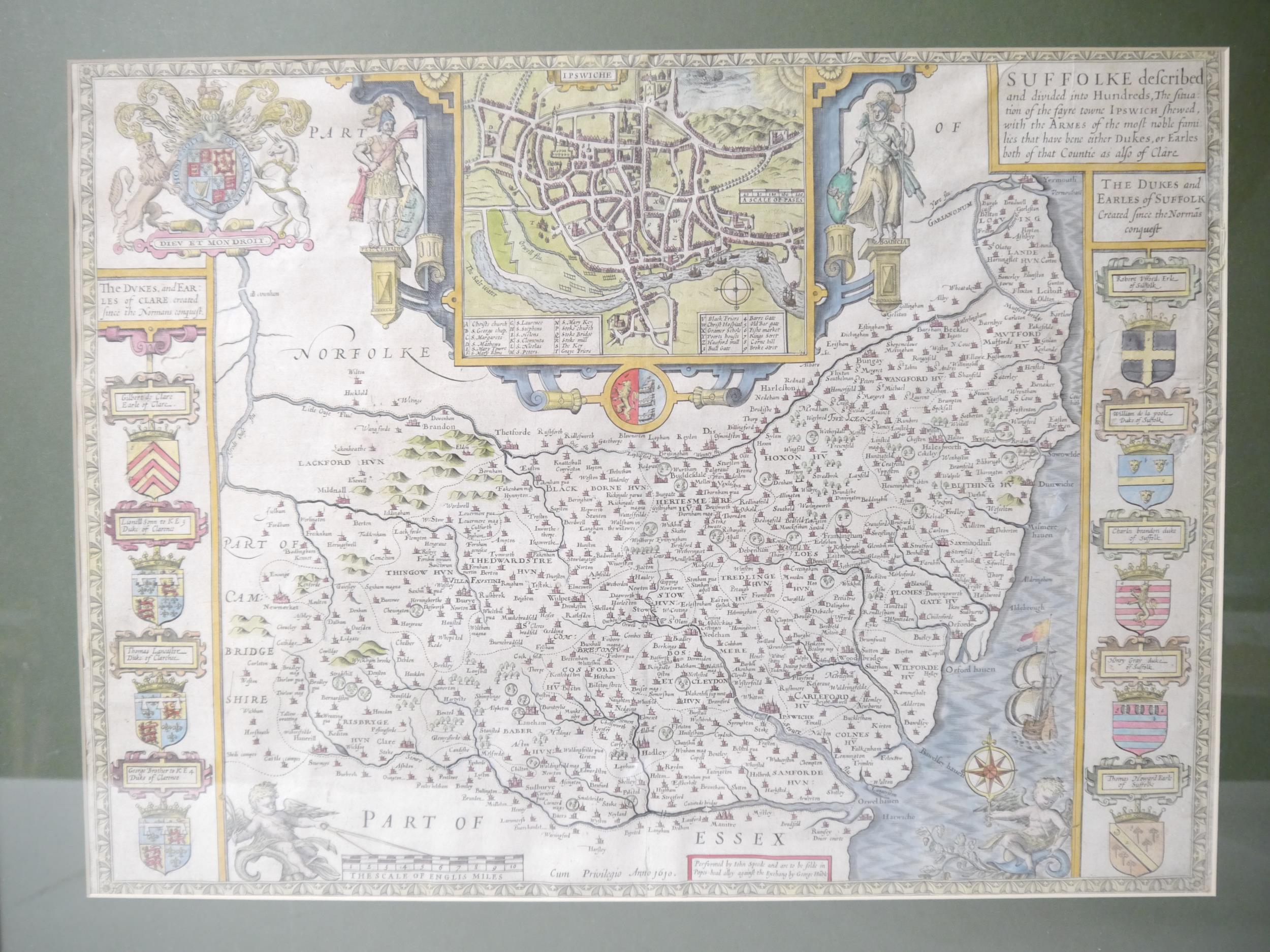 (Suffolk), John Speed: 'Suffolke described and divided into Hundreds', engraved hand coloured map, - Image 3 of 5