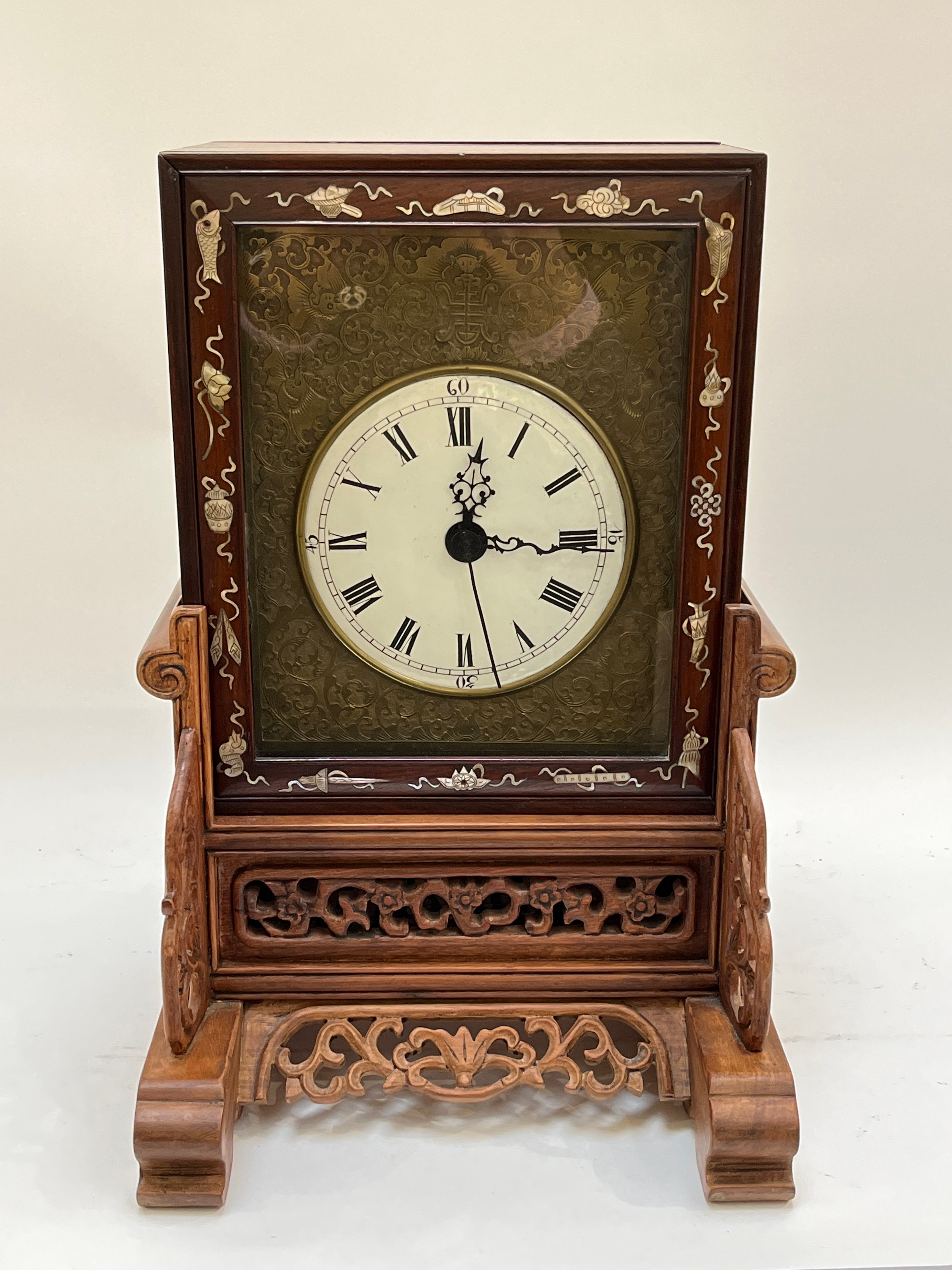 A late 19th Century Chinese mantel clock, double fusee movement, brass movement with crown wheel