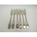 Six Edinburgh Francis Howden large silver forks 1802 with crested handles, 376g