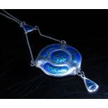 A Charles Horner silver enamelled pendant necklace of rounded form in blue and green with droplet,