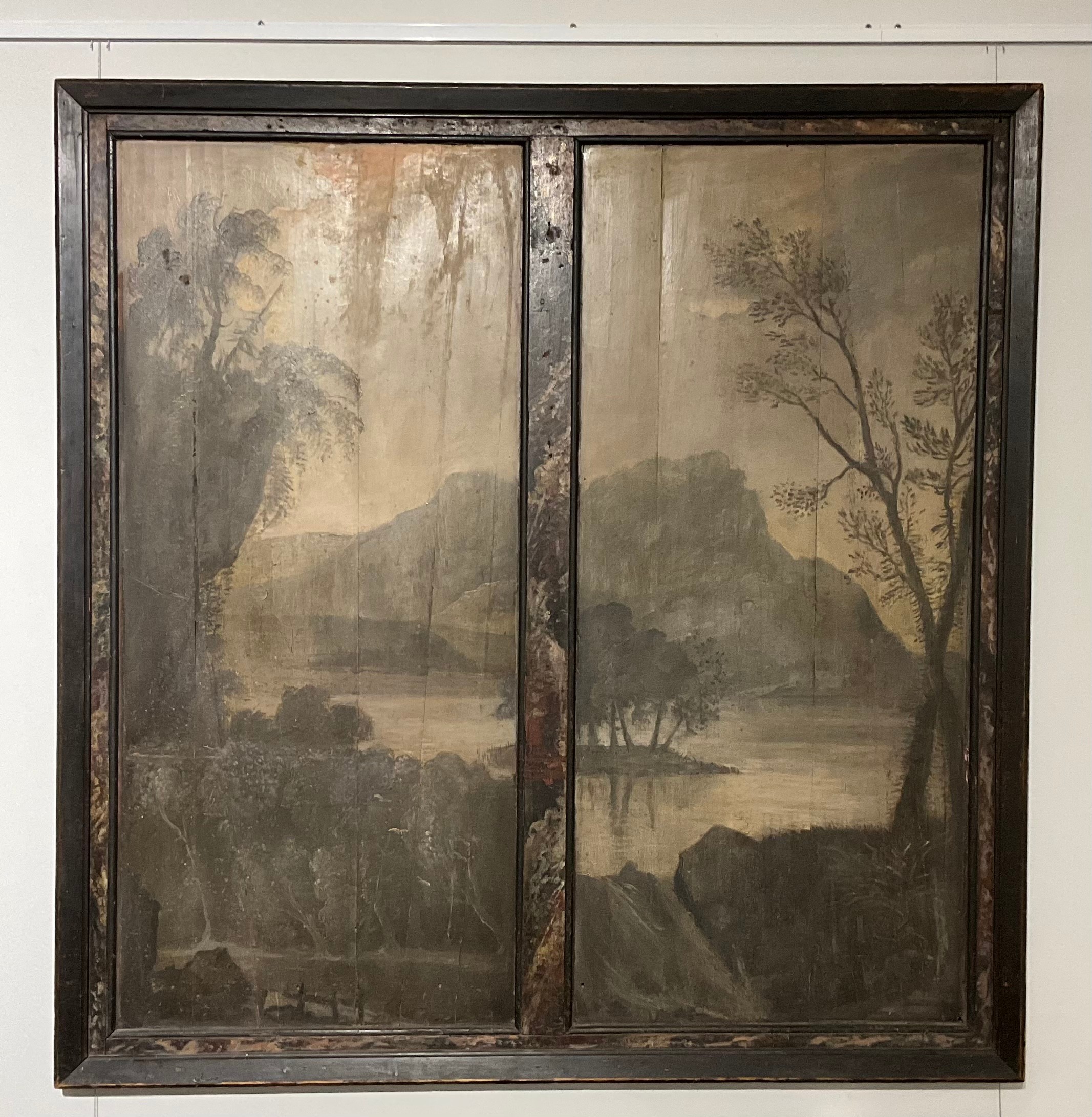 A 19th Century double painted panel of Japanese vista, landscape, mountains, lake, island and trees.