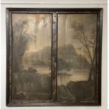 A 19th Century double painted panel of Japanese vista, landscape, mountains, lake, island and trees.