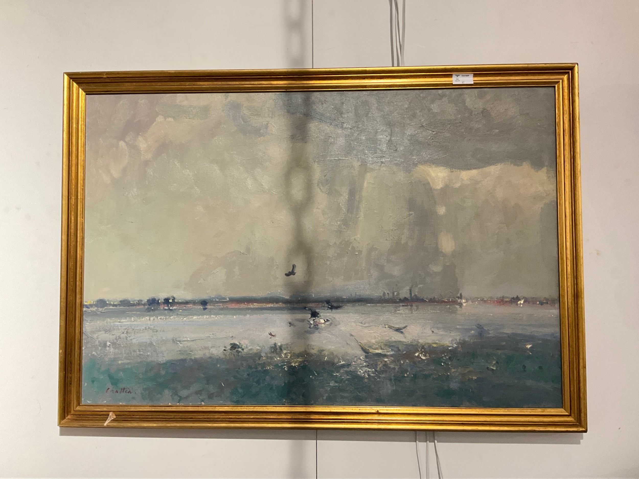 GEOFFREY CHATTEN (1938): An oil on canvas of Breydon, birds taking off from the water, gilt