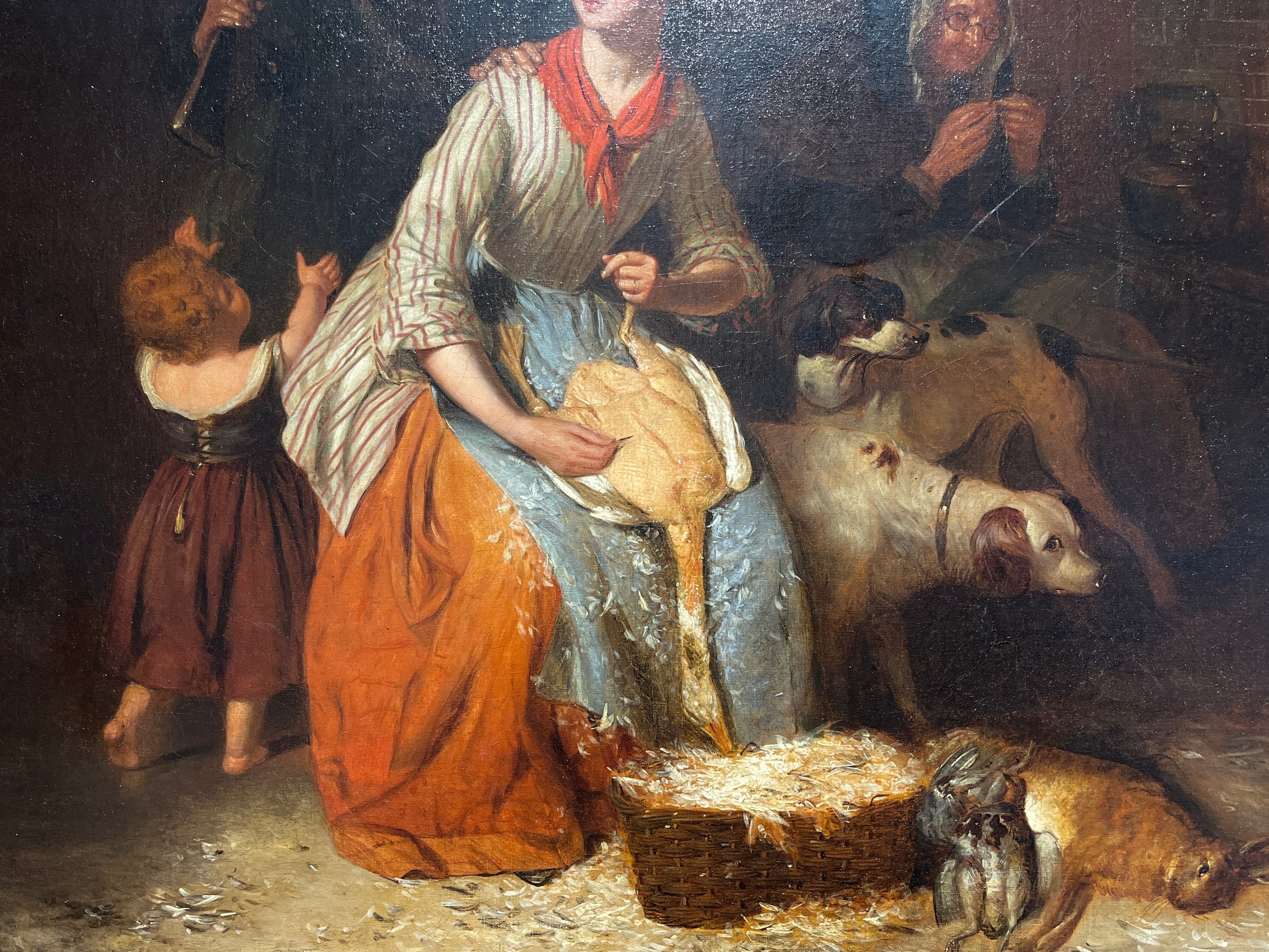 A 19th Century oil on canvas, interior family scene with young woman plucking a goose. Unsigned - Image 2 of 3