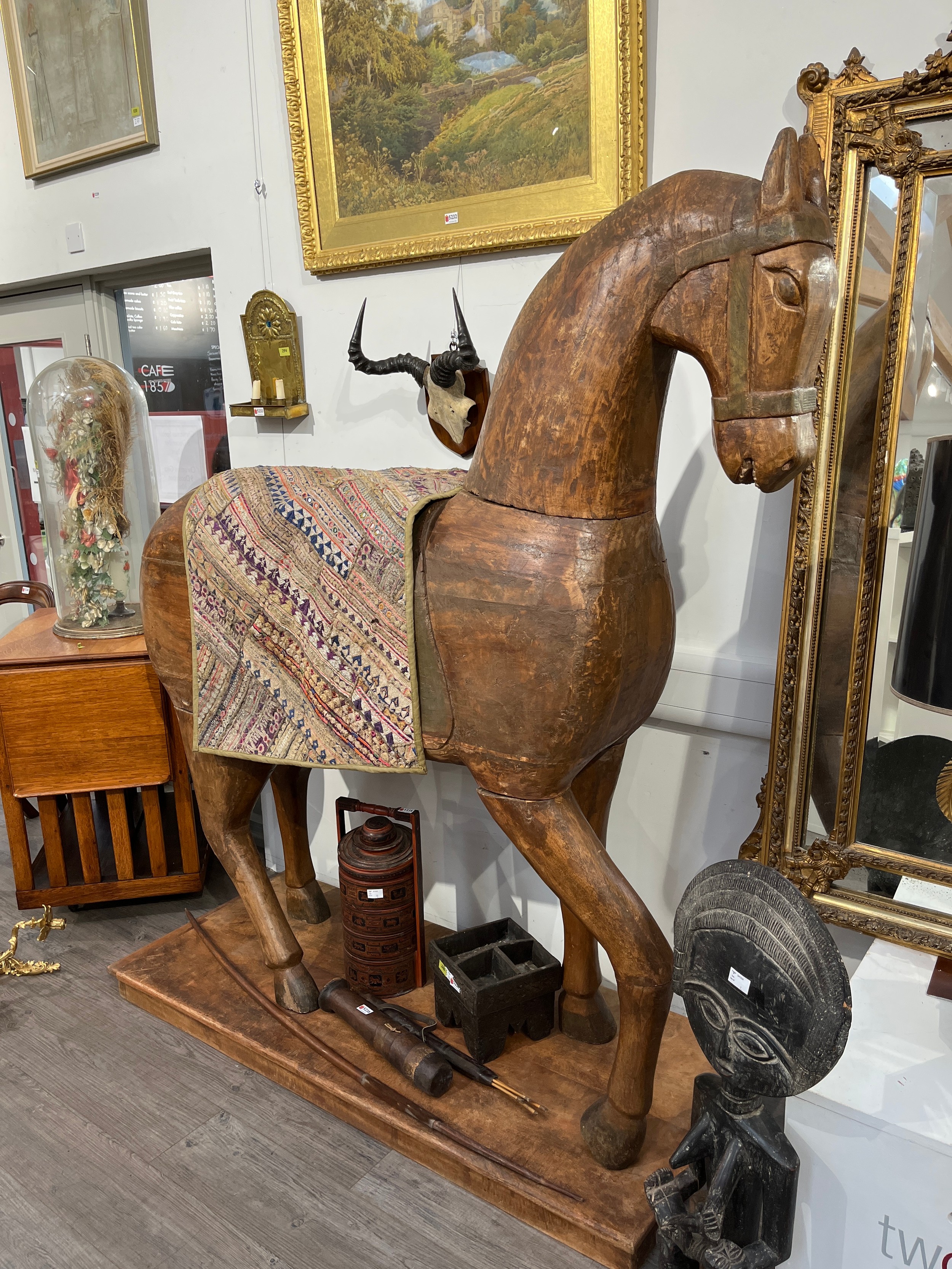 A pair of Rajasthan carved wooden horses of life size 'Marwar' horses on plinth bases, and two - Image 2 of 5