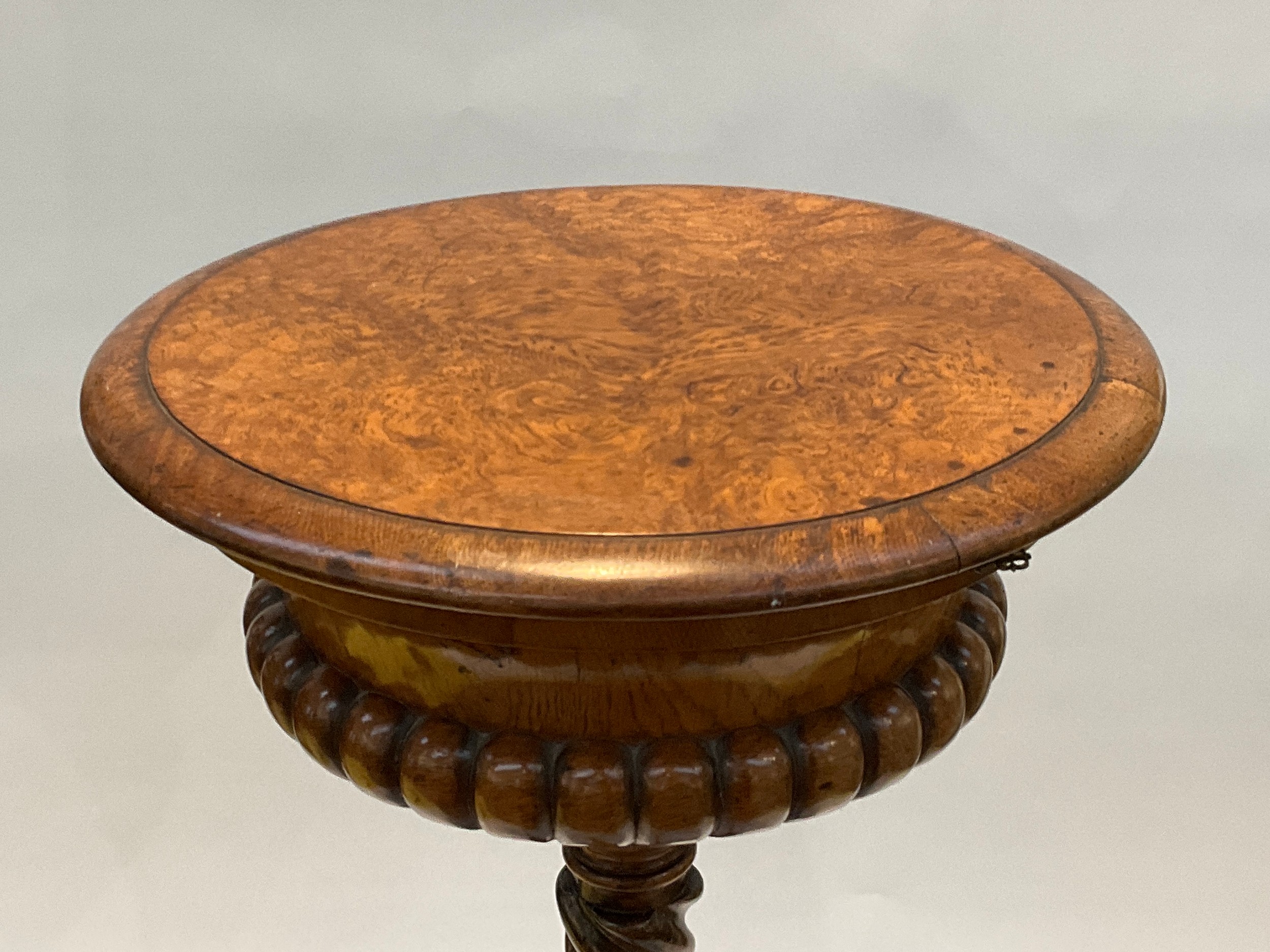 A burr walnut tepoy, the circular top opening to reveal twin tea caddies (no jars) on a twisted - Image 2 of 4
