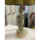 A figural lamp of classical design with onyx base, silk shade, 87cm tall