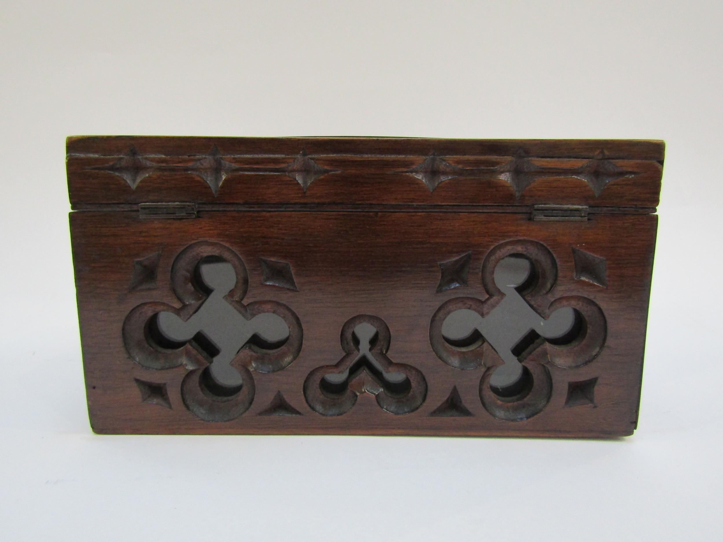 A Victorian carved hardwood letter box, the lid with 'Answered' and 'Unanswered' brass plaques and - Image 4 of 14