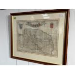 A 17th Century coloured map of Norfolk taken from a book mounted in double sided frame, 40cm x 53cm
