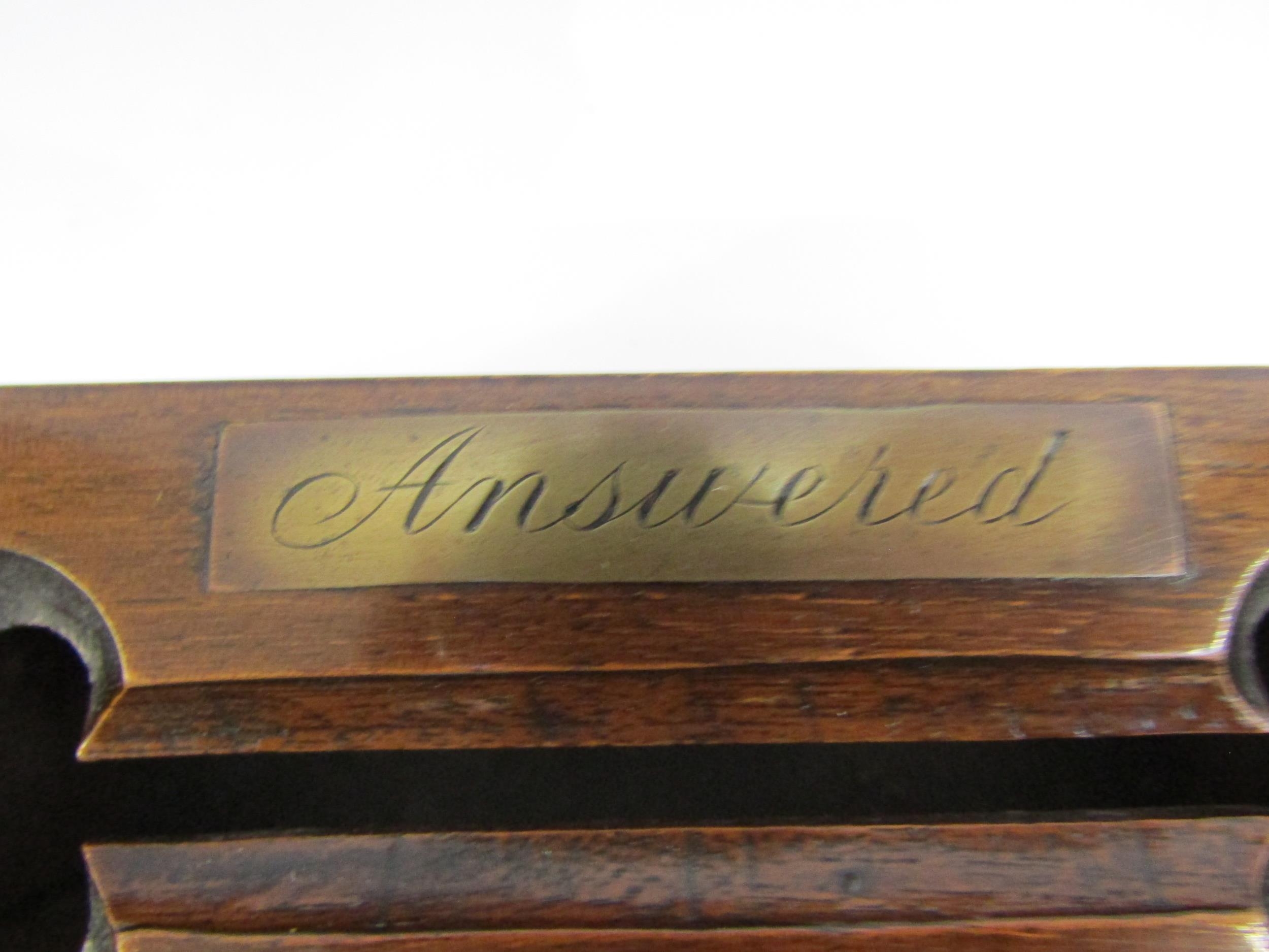 A Victorian carved hardwood letter box, the lid with 'Answered' and 'Unanswered' brass plaques and - Image 7 of 14