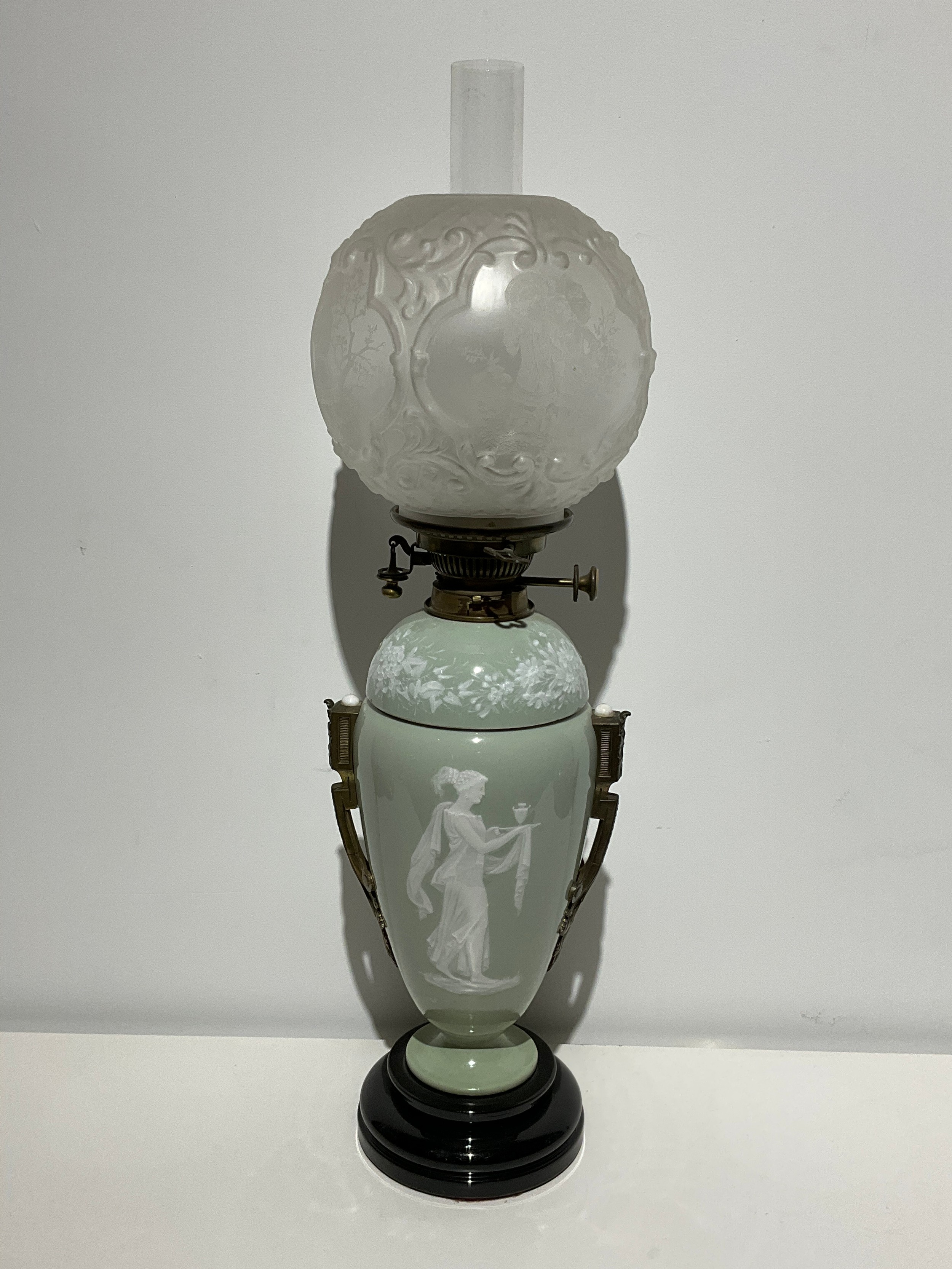 A Victorian pate sur pate oil lamp, moulded and etched glass shade, Hinks No 2 duplex burner, 69cm