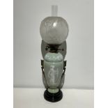 A Victorian pate sur pate oil lamp, moulded and etched glass shade, Hinks No 2 duplex burner, 69cm