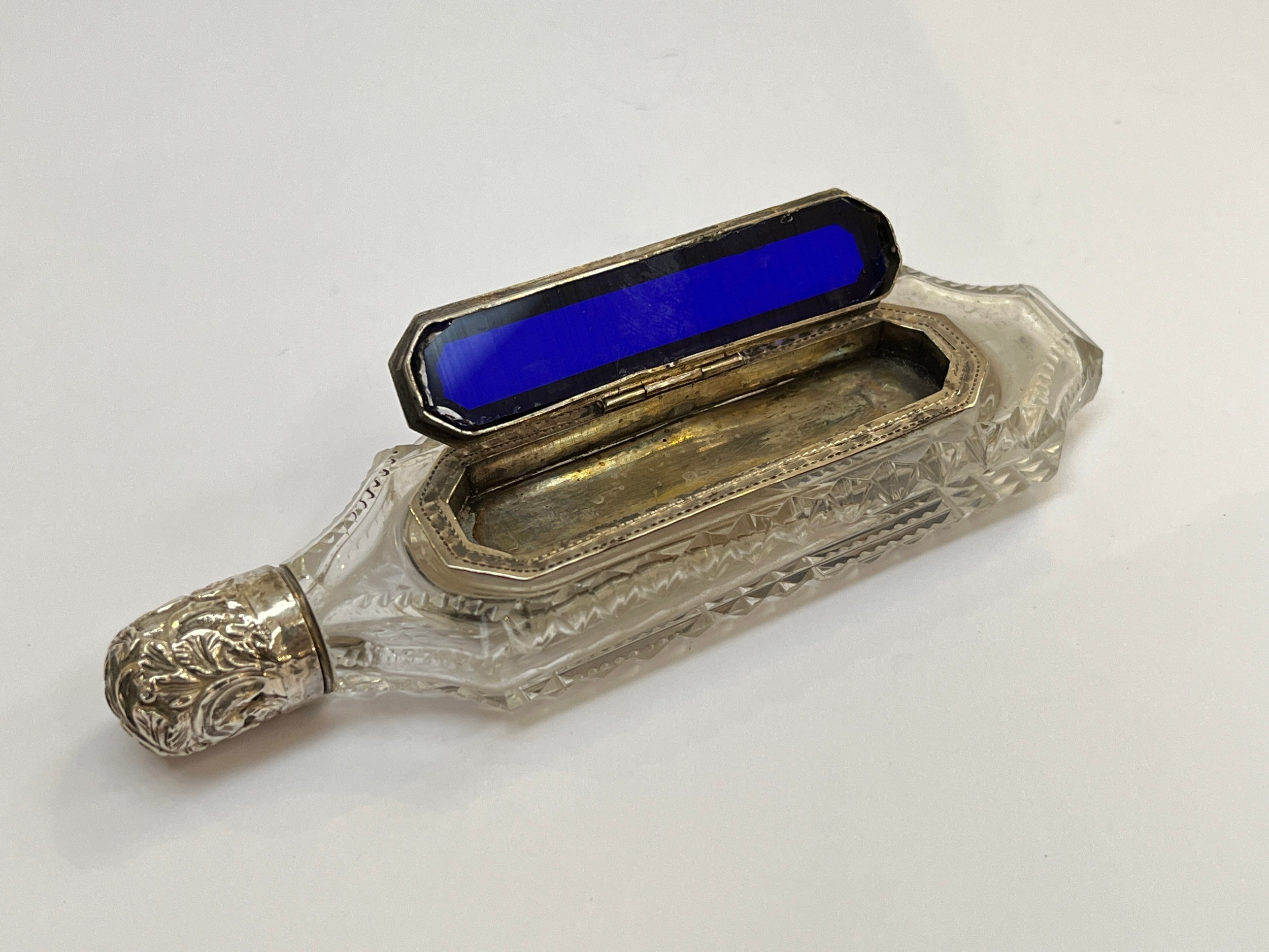 A Victorian cut glass scent bottle with Bristol blue glass and silver hinged compartment, maker - Image 3 of 3