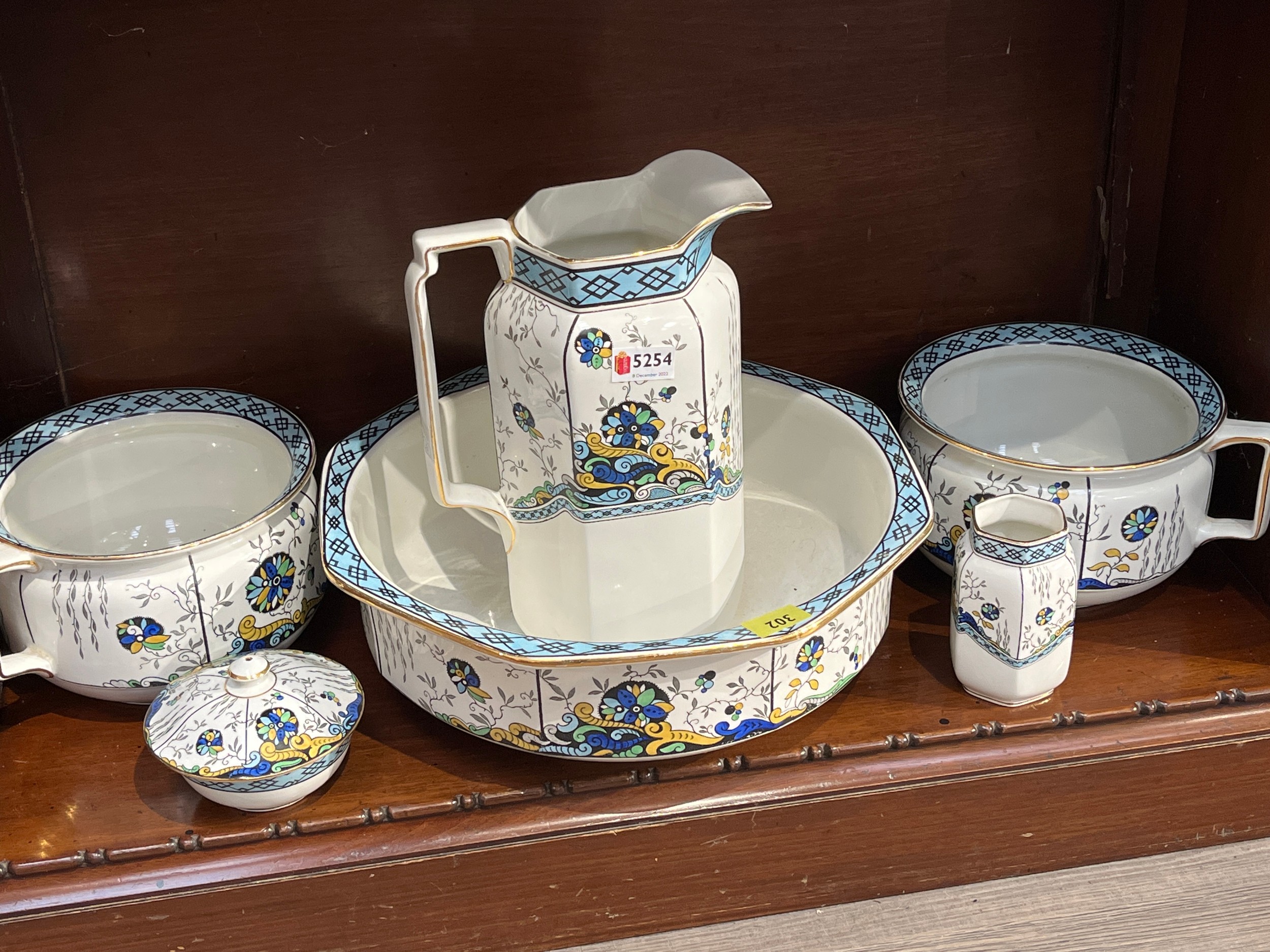 A Burleighware six piece wash set, with panels of blue decoration