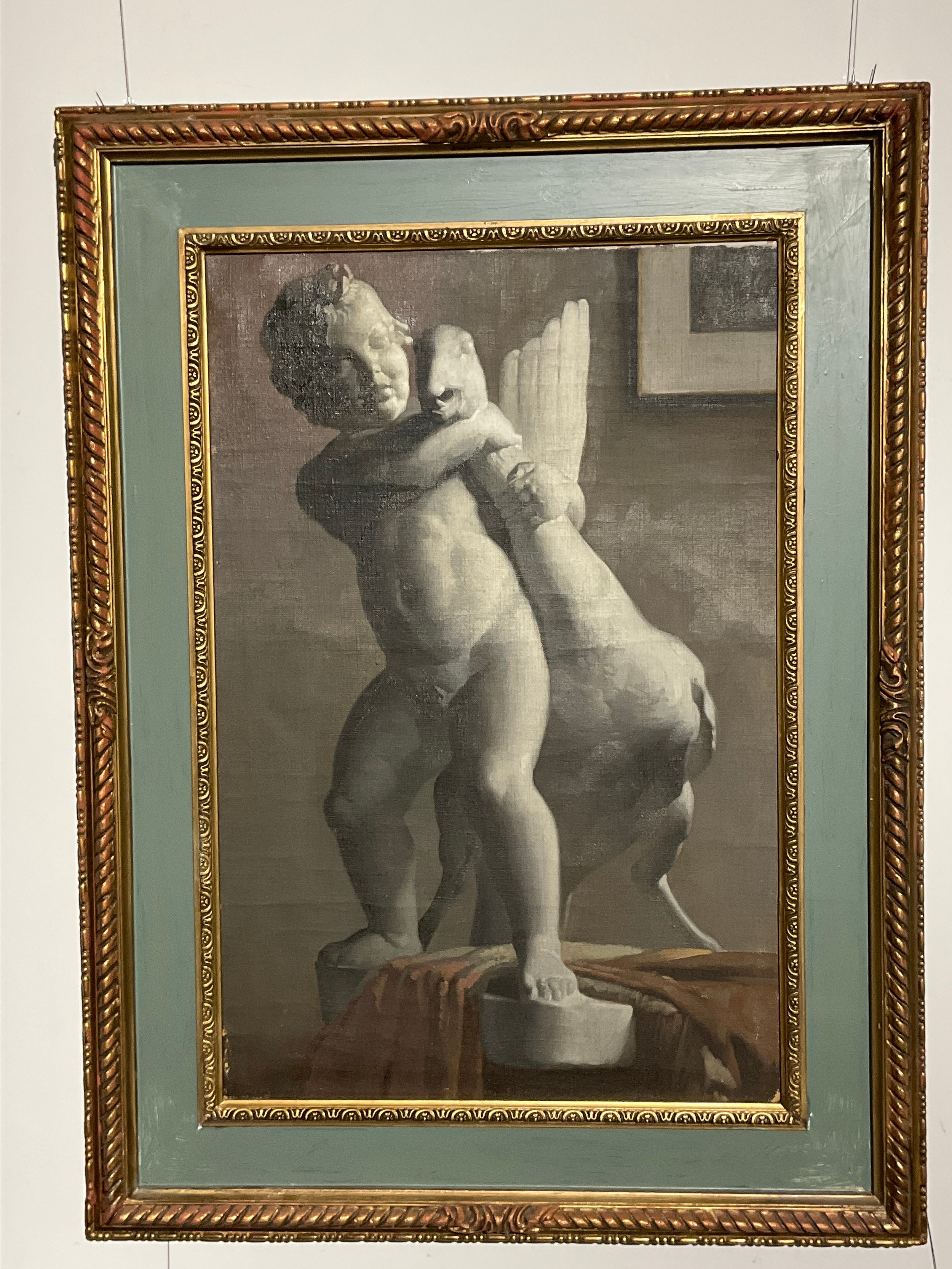 ORLANDO GREENWOOD (1892-1909) Still-life painting depicting a sculpture of boy wrestling a goose,