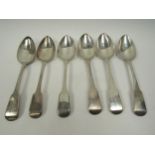 Six Georgian silver Old English pattern silver serving spoons, five with London assay marks for