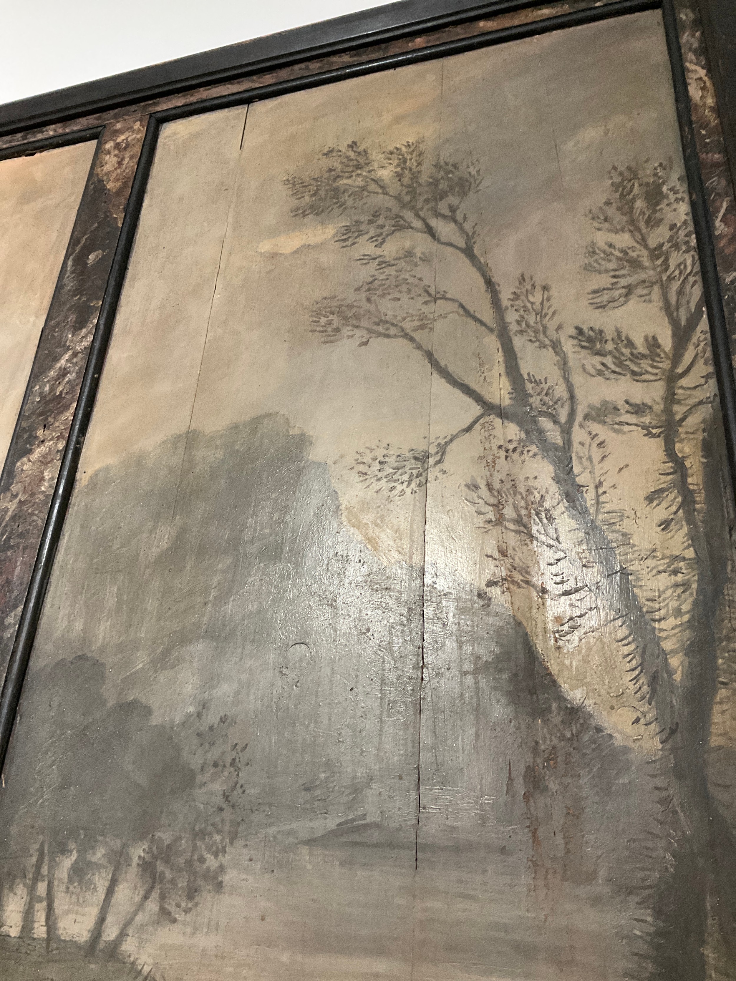 A 19th Century double painted panel of Japanese vista, landscape, mountains, lake, island and trees. - Image 3 of 4