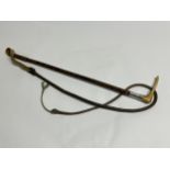 A vintage carriage whip, leather shaft with silver collar and horn top, knotted leather thong