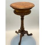 A burr walnut tepoy, the circular top opening to reveal twin tea caddies (no jars) on a twisted