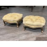 A pair of Nosotti foot stools, button foliate upholstery on gilt and ebonised cabriole feet, oval