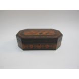 A Tunbridgeware canted rectangular box with hinged lid, paper label to base T.Barton, Late Nye,