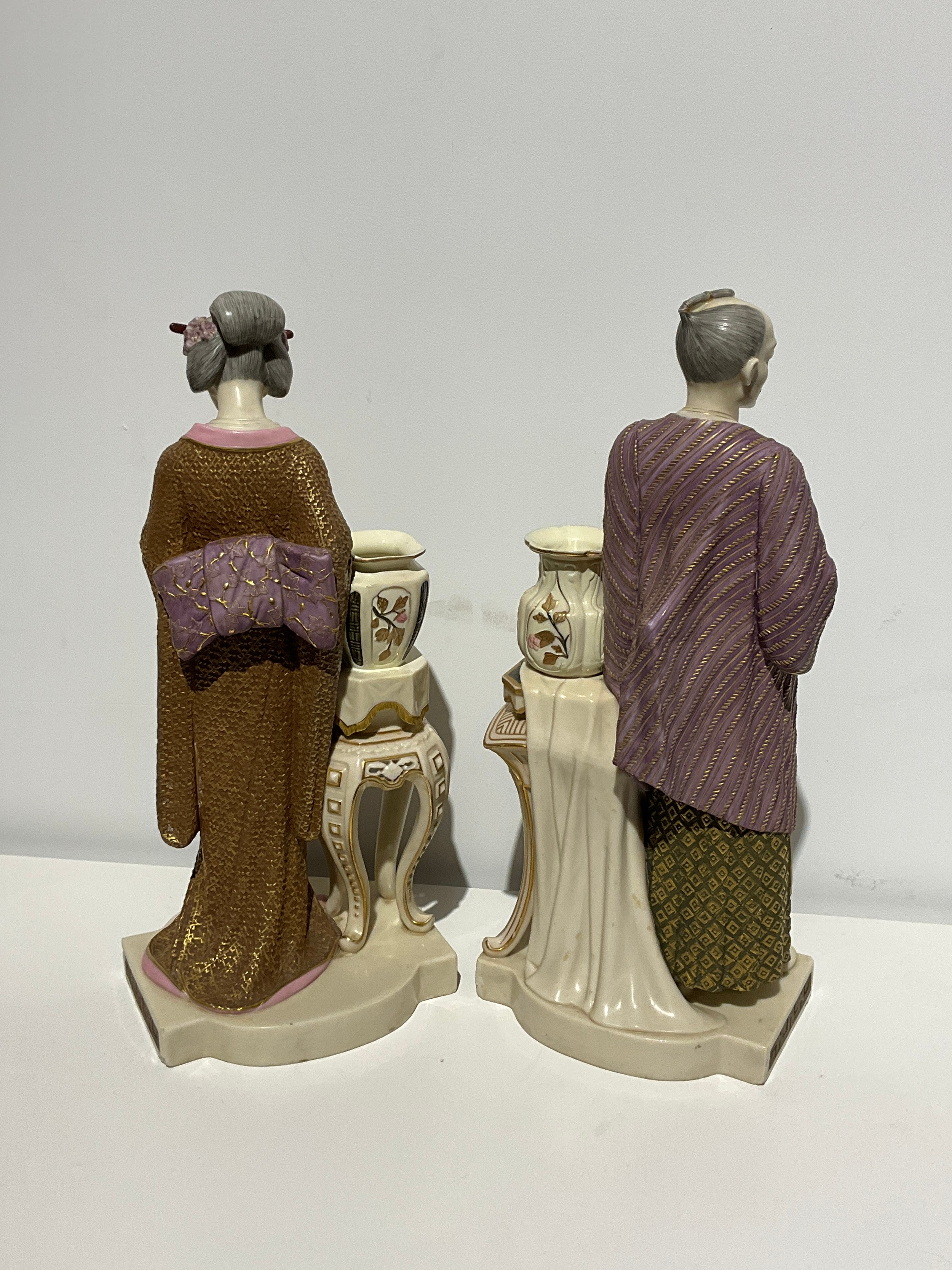 A large pair of Royal Worcester figures - a standing Japanese man and woman, designed by James - Image 2 of 3