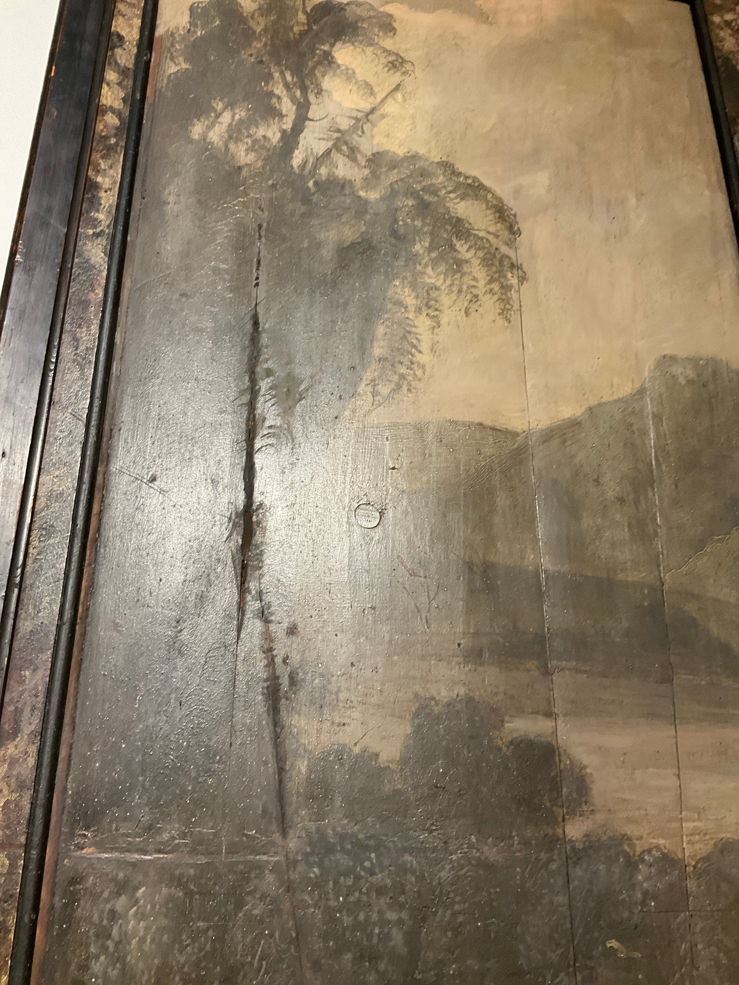 A 19th Century double painted panel of Japanese vista, landscape, mountains, lake, island and trees. - Image 2 of 4