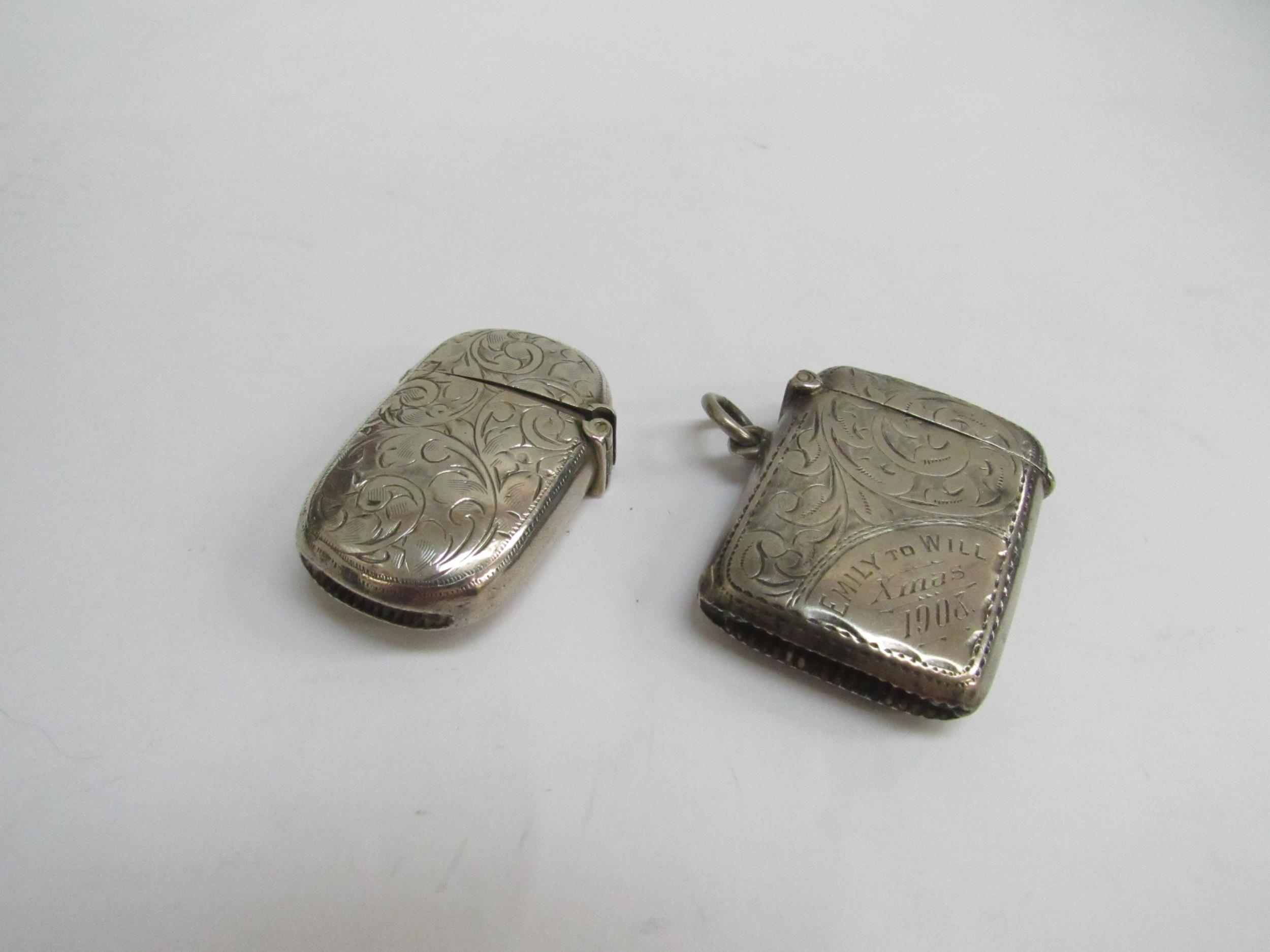 Two silver vestas with engraved decoration one "Emily to Will Christmas 1908" - Image 2 of 2