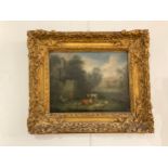 A late 18th / early 19th Century oil on metal plate of figures and cattle in clearing beside