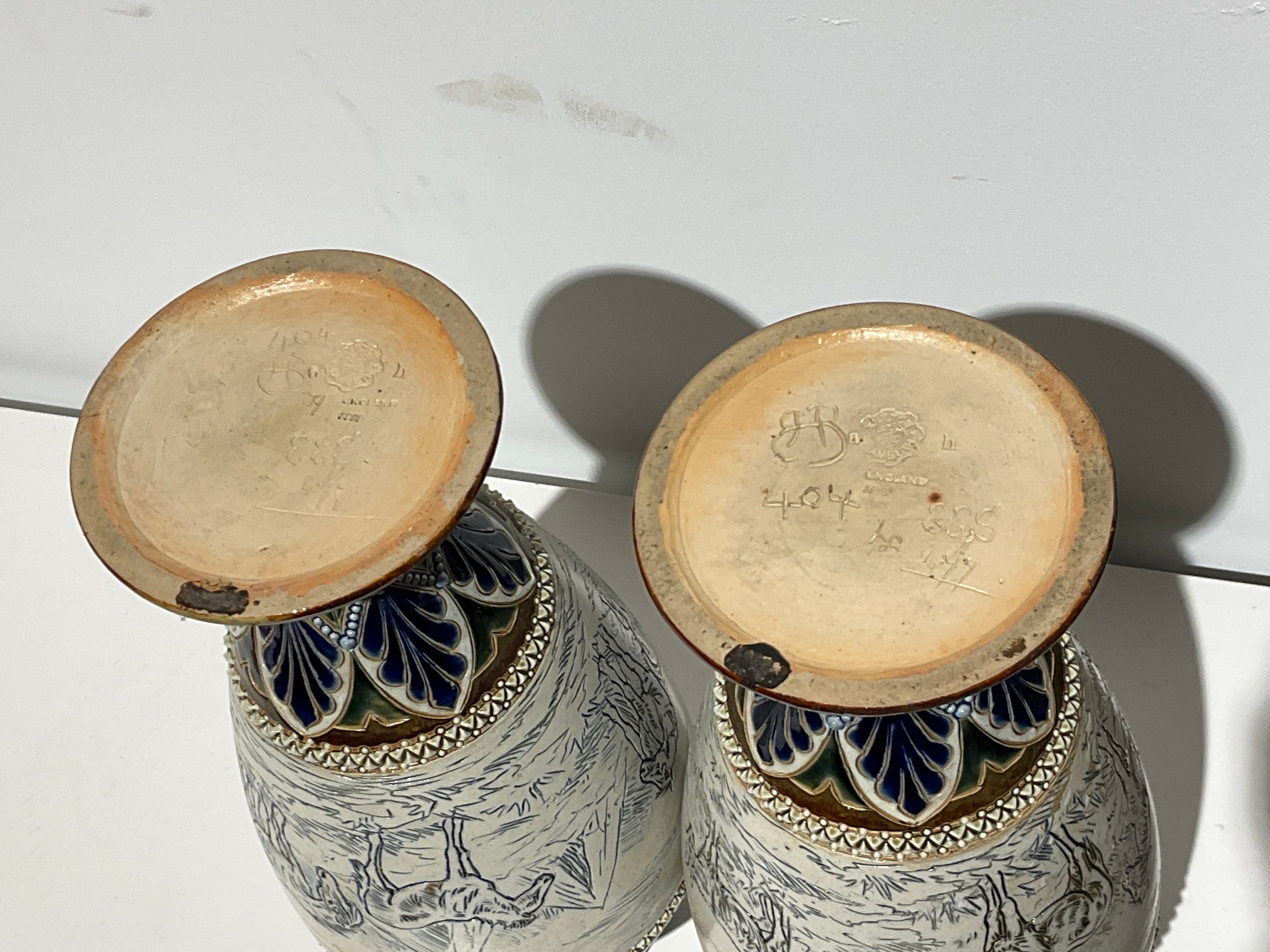 A pair of Doulton Lambeth vases incised by Hannah Barlow with sgraffito of gypsy ponies and - Image 2 of 2