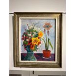 G.LINDFORS (XX) still-life depicting amaryllis and vase of flowers, acrylic on board, framed, 70cm x