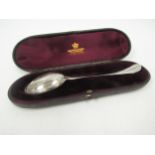 A silver spoon with bright cut detail marks indistinguishable in Mappin & Webb case, 24g