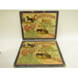 Two advertising shop show cards for Cupiss Constitution Balls For Horse Neat Cattle and Sheep, 14" x