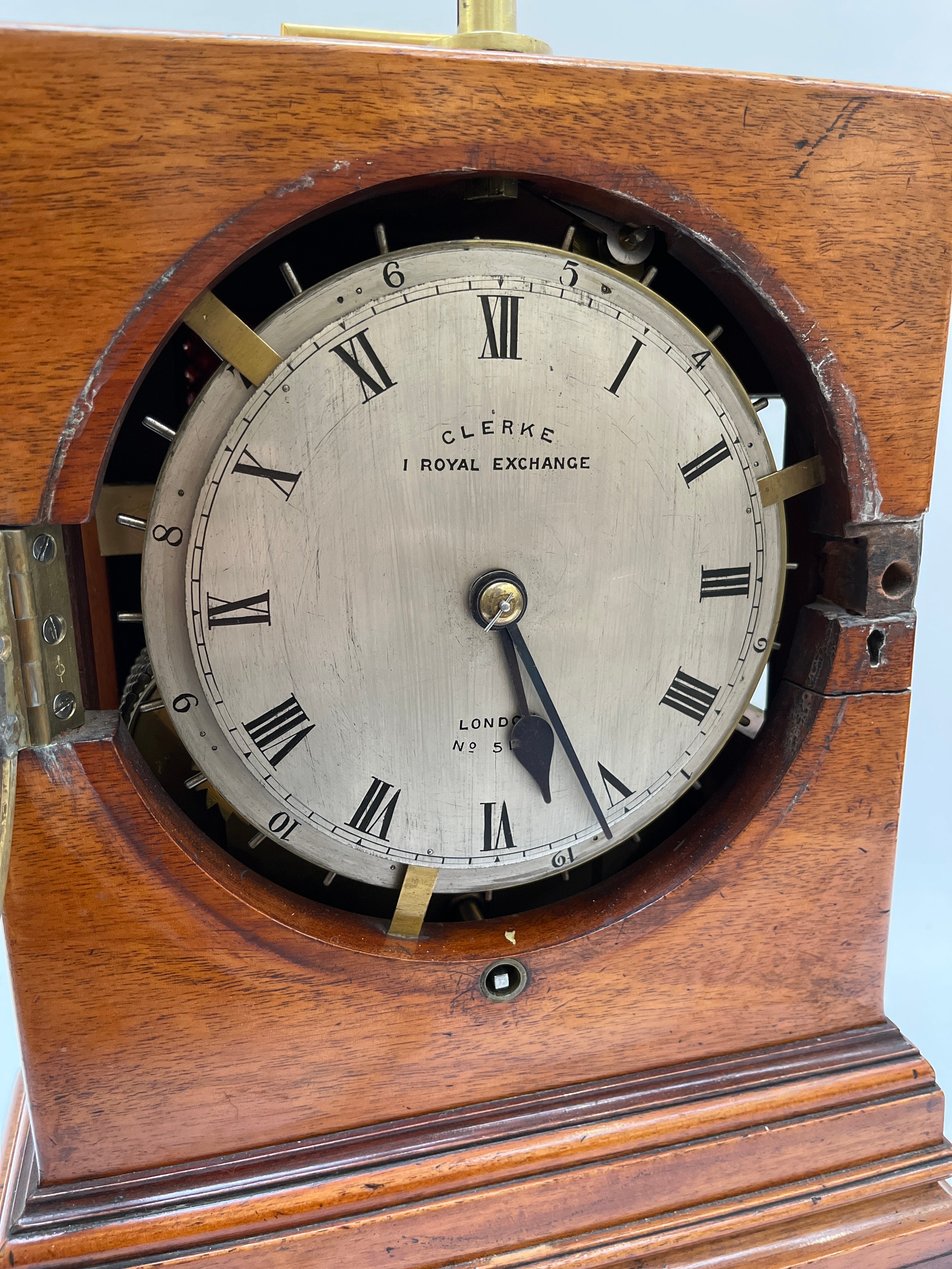 A Victorian watchman's shelf clock, dial marked Clerke, 1 Royal Exchange, London. Heavy brass - Image 6 of 6