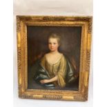 A 19th Century oil on canvas portrait of a young girl in golden blouse with shawl, unsigned work,