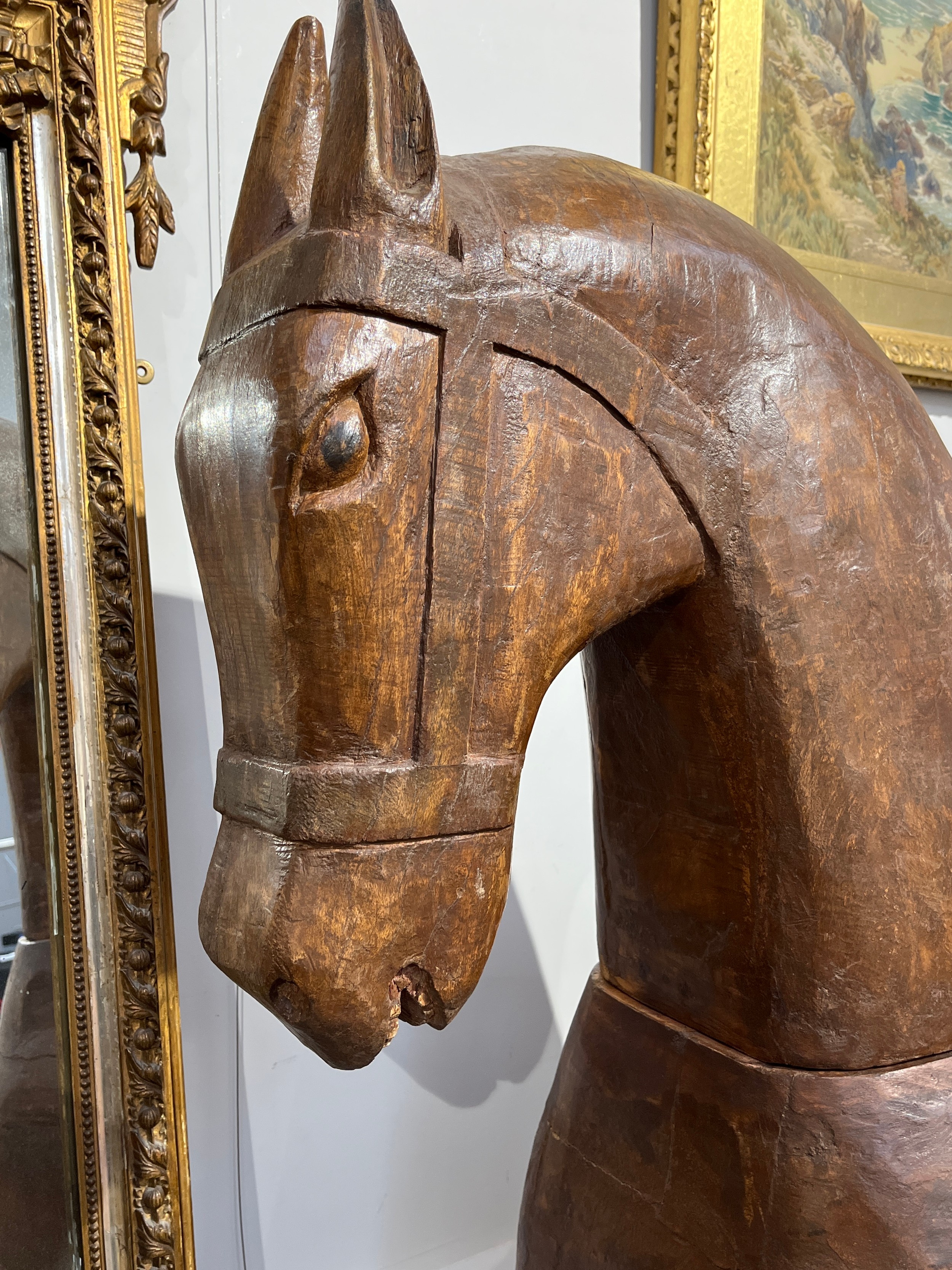 A pair of Rajasthan carved wooden horses of life size 'Marwar' horses on plinth bases, and two - Image 3 of 5