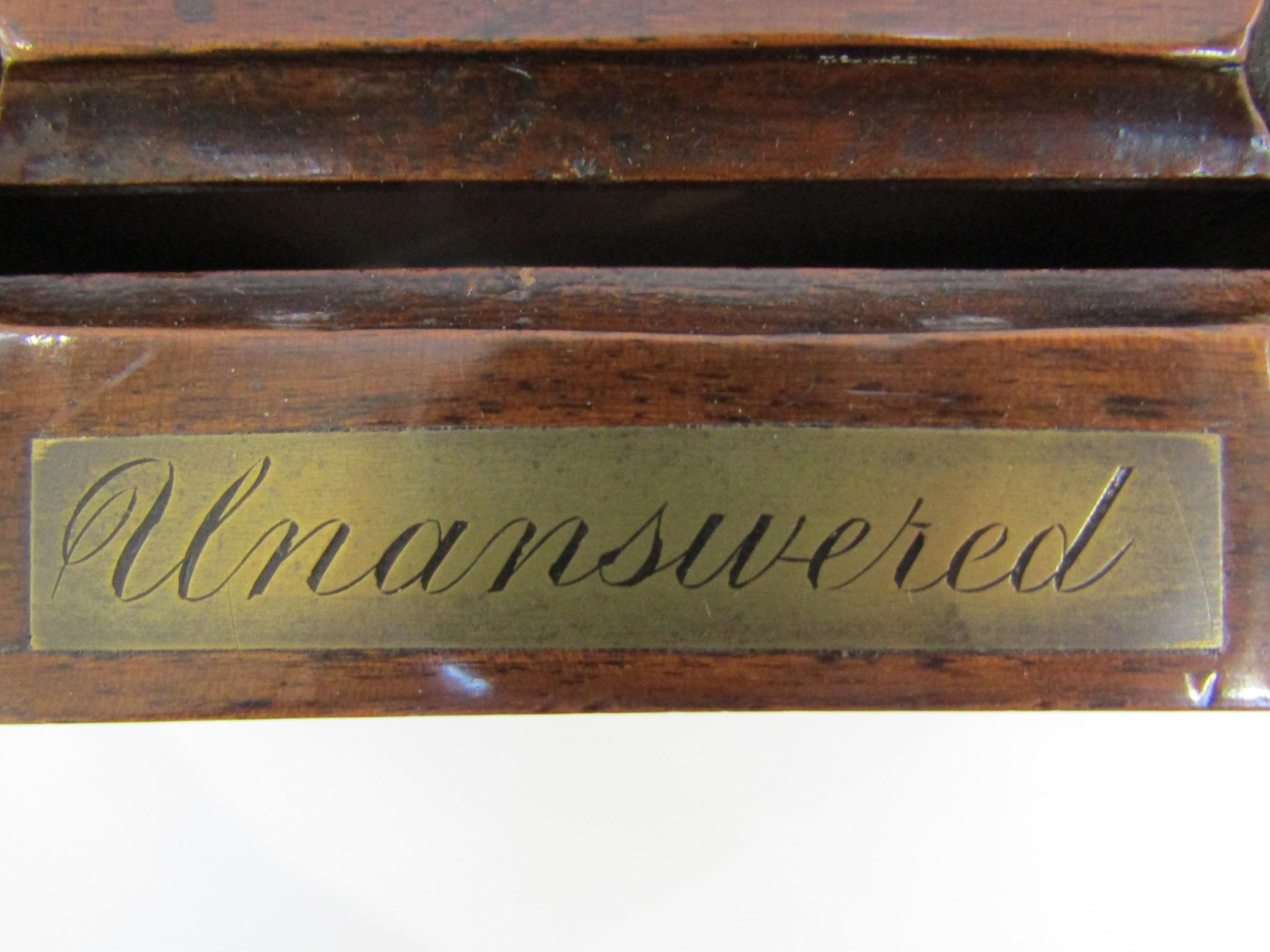 A Victorian carved hardwood letter box, the lid with 'Answered' and 'Unanswered' brass plaques and - Image 8 of 14