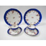 A 19th Century porcelain part tea service with handpainted floral sprays, bright blue border, cups