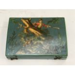 A domed top box with hinged lid, decoupage lid depicting huntsman and goat on a green painted