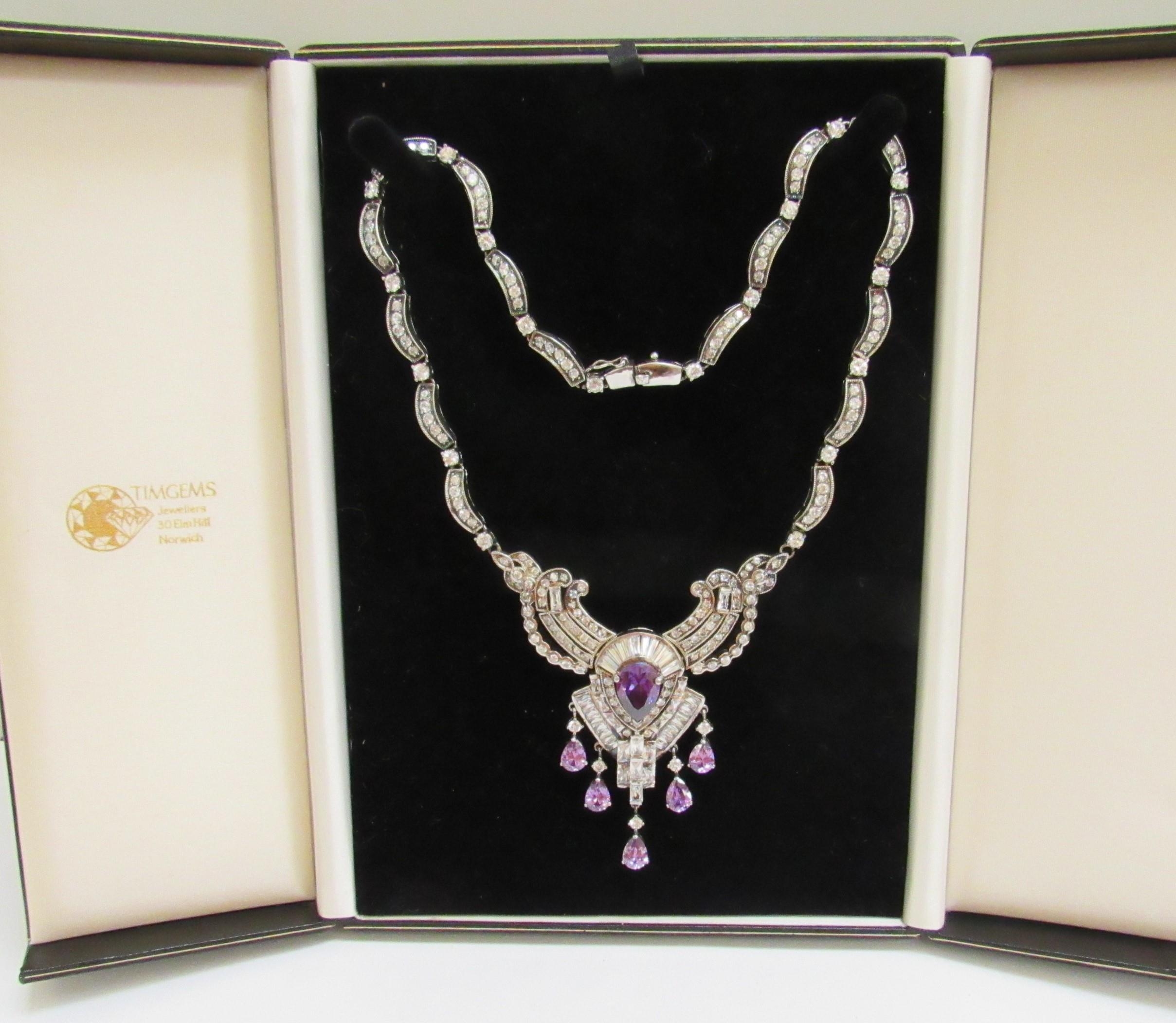 An Art Deco style statement necklace, multi set with brilliant purple and white stones, stamped 925 - Image 2 of 3