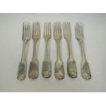 Six Sarah & John William Blake Hanoverian silver forks with monogrammed handles, five London 1818