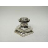 A silver capstan inkwell (lacking liner), dents to top, weighted base, 10cm long, date letter rubbed