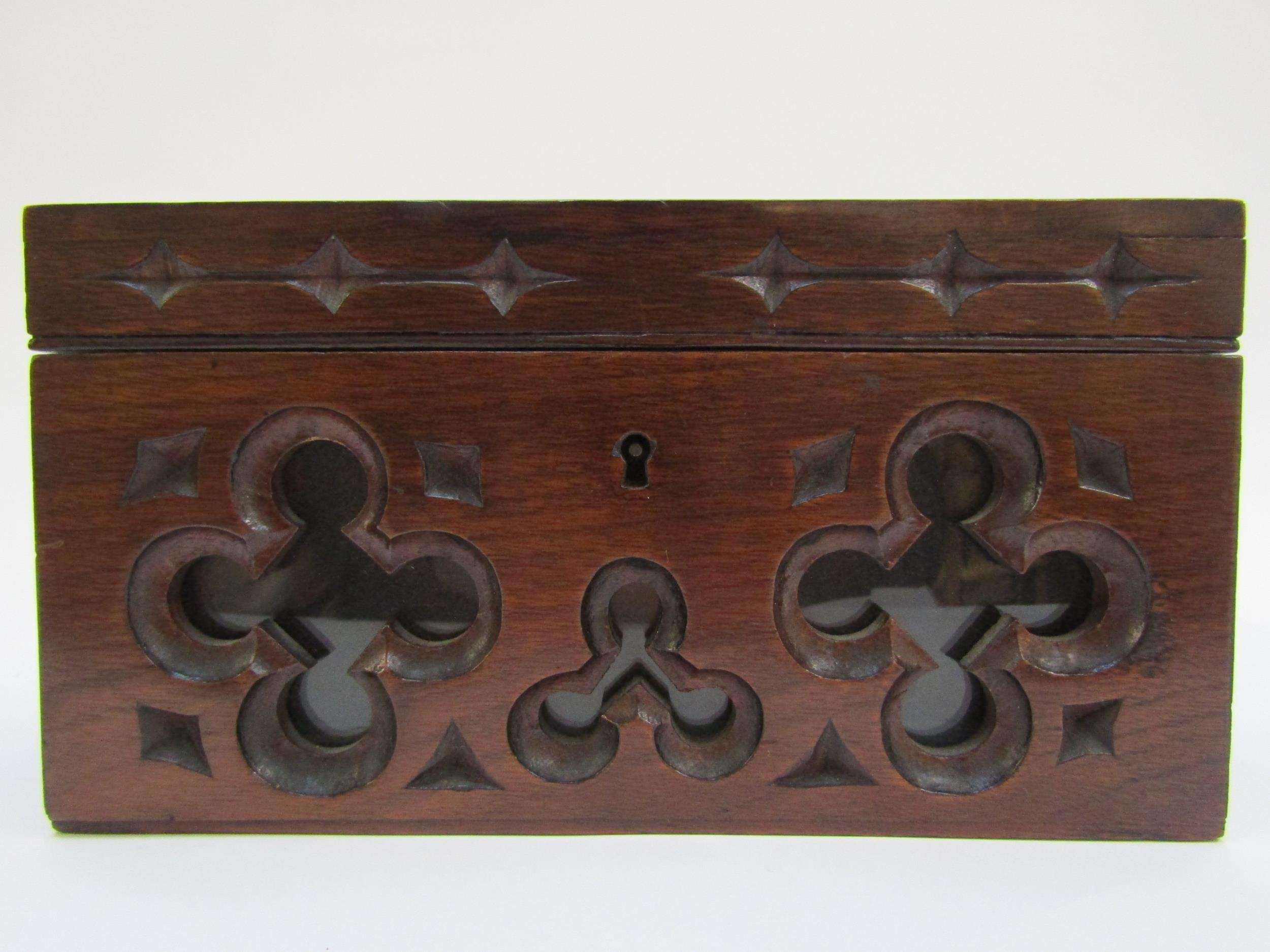 A Victorian carved hardwood letter box, the lid with 'Answered' and 'Unanswered' brass plaques and - Image 2 of 14