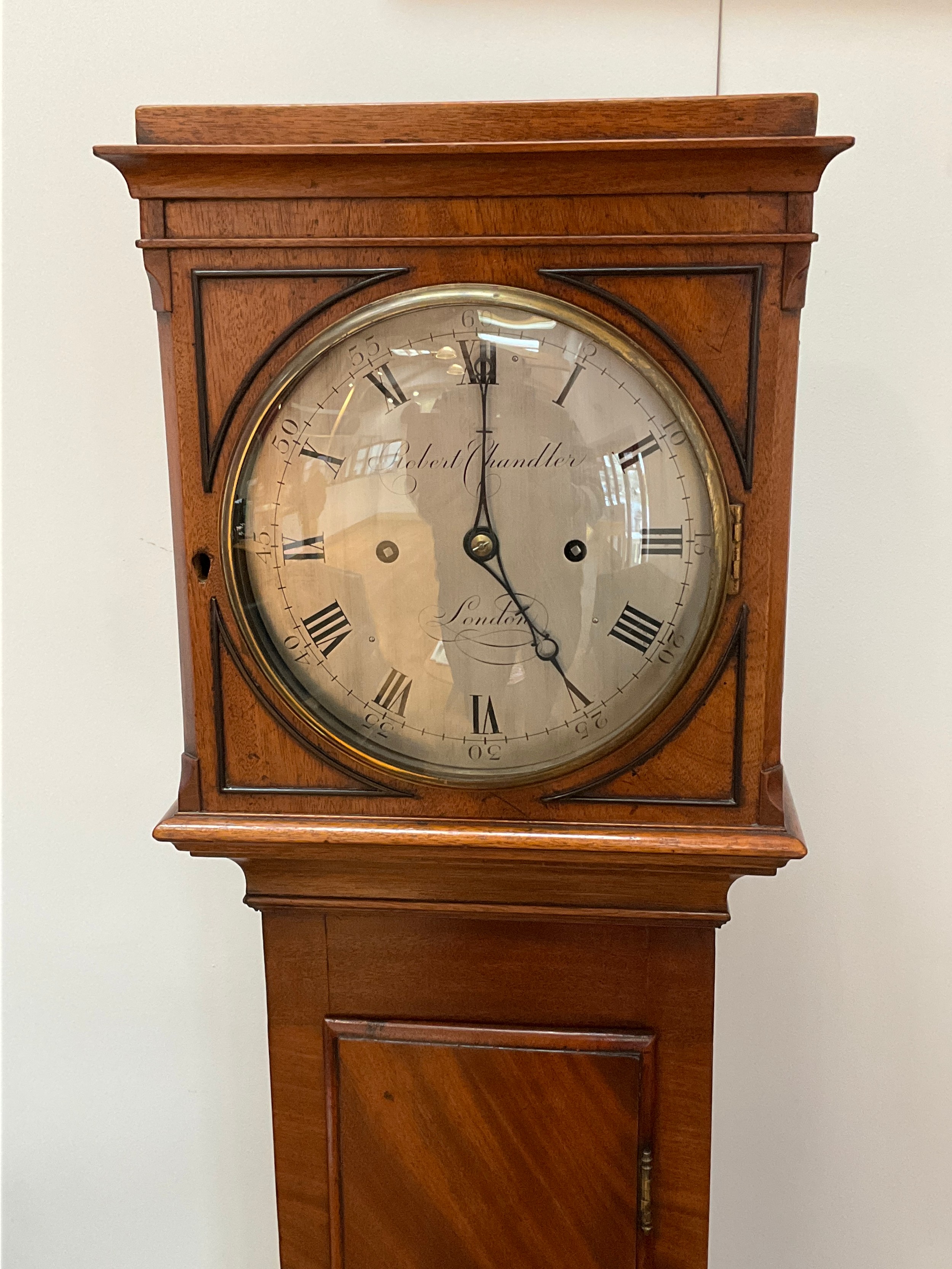 A Regency mahogany long case clock of small proportions by Robert Chandler of London, twin weight