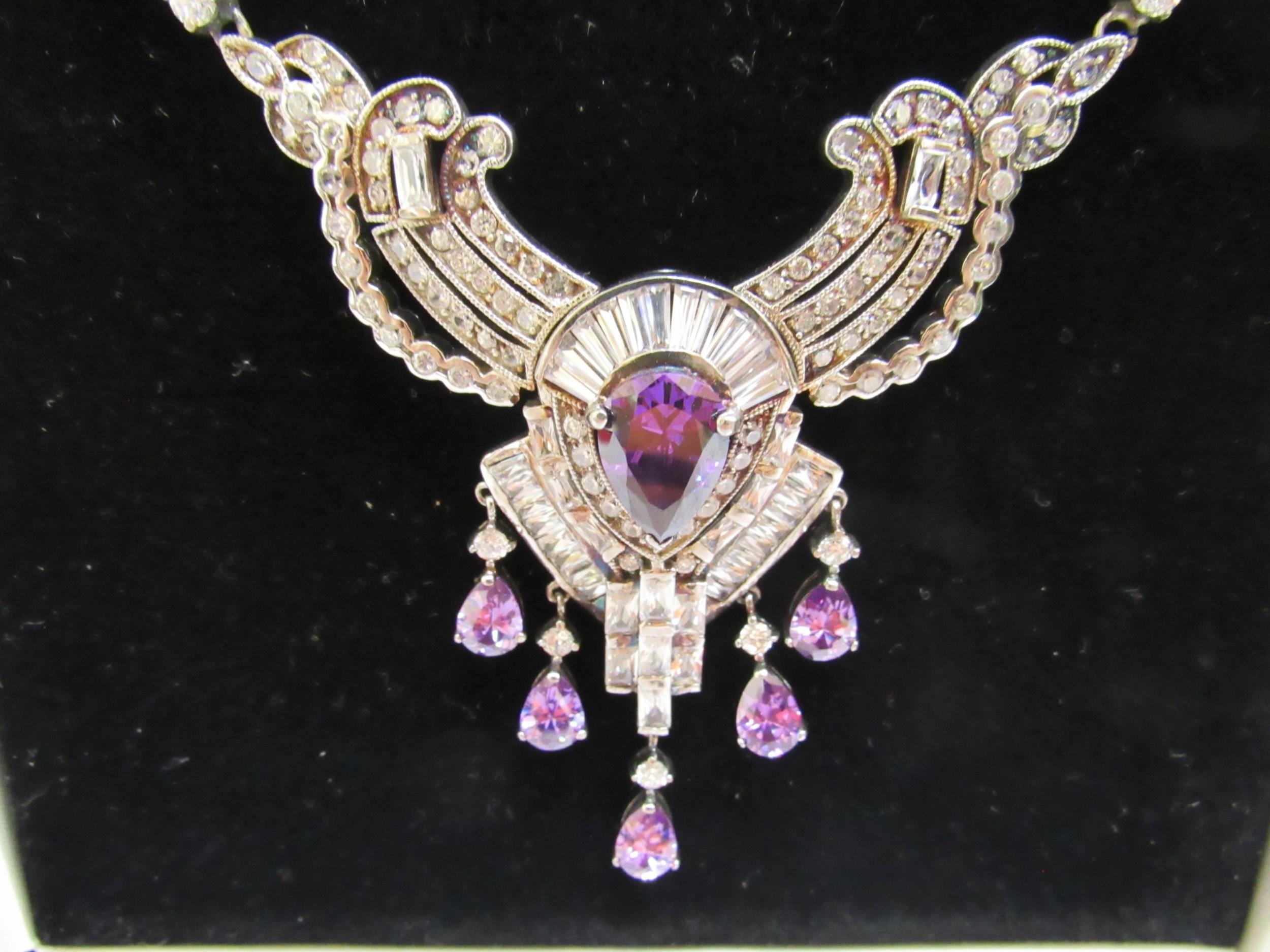 An Art Deco style statement necklace, multi set with brilliant purple and white stones, stamped 925 - Image 3 of 3