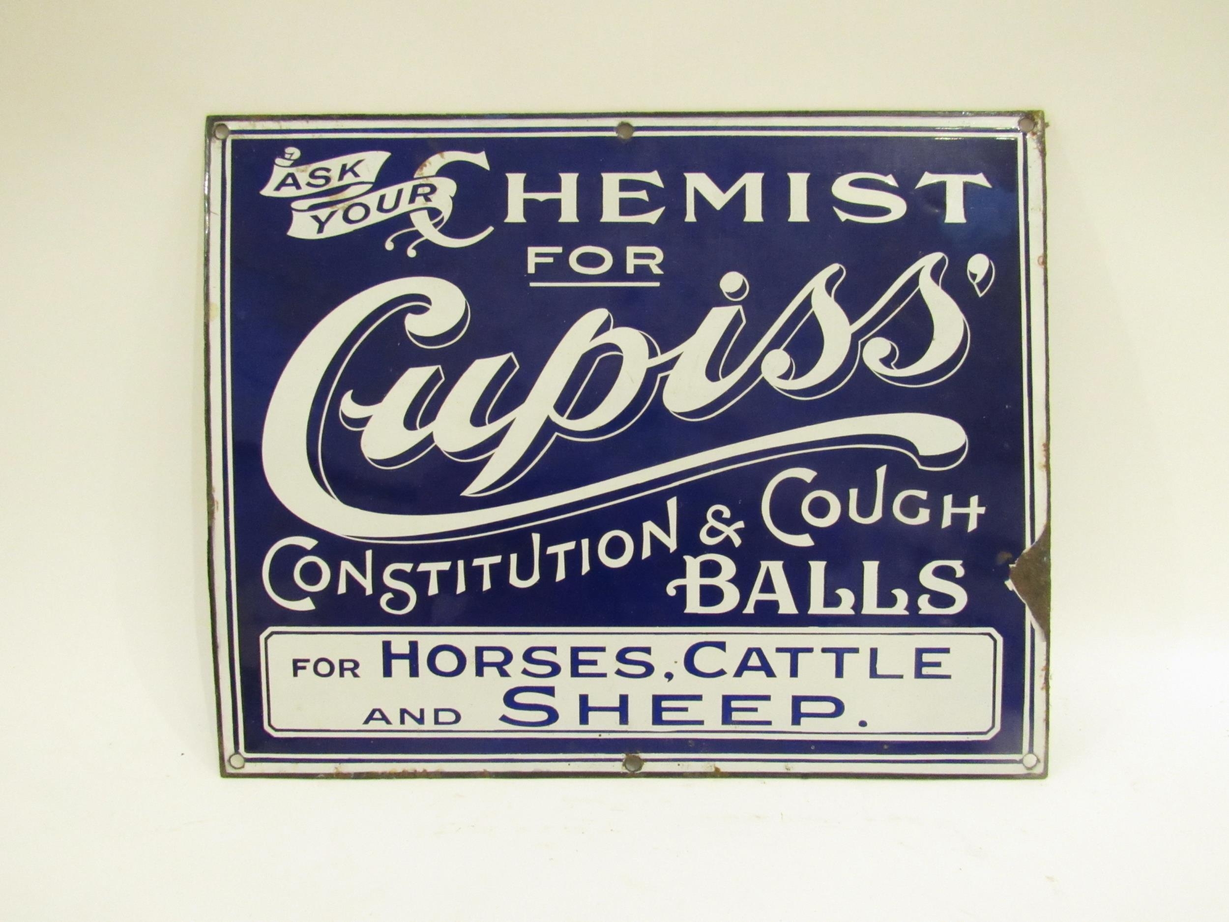 An enamel sign "Ask Your Chemist for Cupiss Constitution & Cough Balls" 15" x 12", from Diss Print