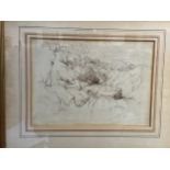 ATTRIBUTED TO DAVID COX II (1809-1885): An ink sketch of rocky bridge scene, 20cm x 27.5cm, framed