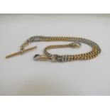 A yellow and white gold watch chain with T-bar, link marked 18, 51g